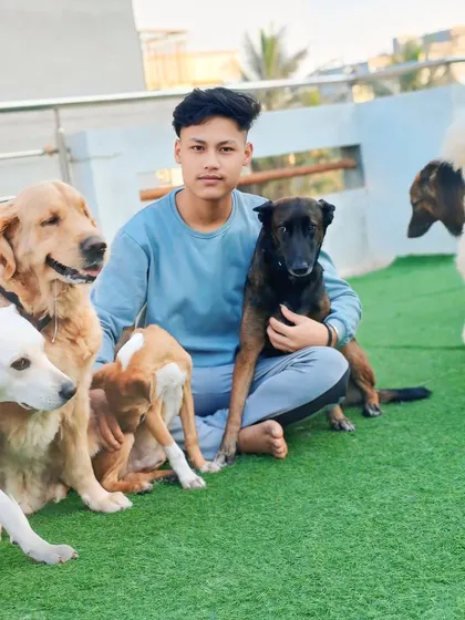A candid moment of our team member surrounded by dogs of all breeds and sizes. This is what our inclusive family looks like.