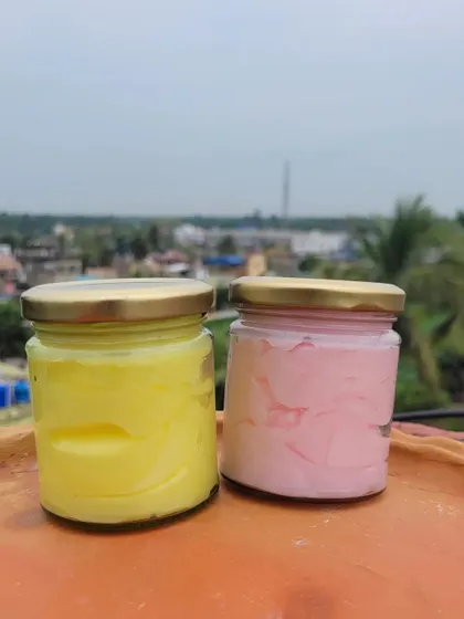 My Fresh Lime and Cherry Blossom Body Yogurts, ready to be shipped. They come in sturdy glass jars that preserve the freshness of the product.
