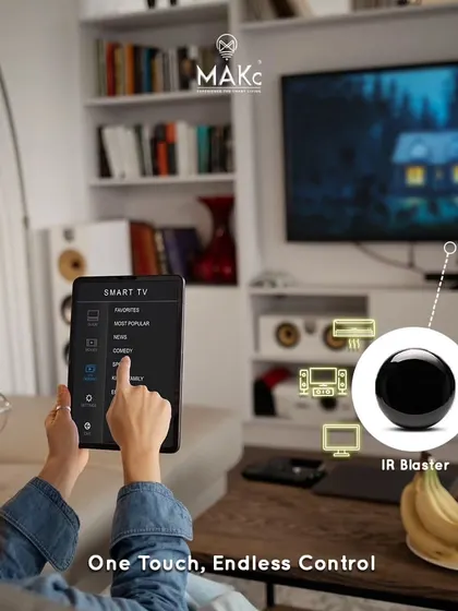The IR Blaster is a small but powerful device that learns your existing remote controls, allowing you to ditch the clutter and control everything from our unified app.