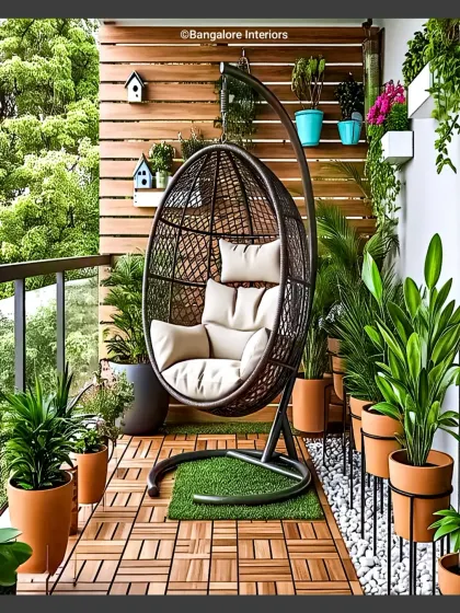A perfect reading nook on a balcony, featuring a comfortable swing chair surrounded by lush plants and wood deck tiles.