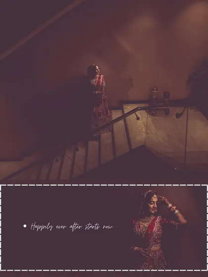 An atmospheric collage of a bride on a staircase, using shadows and dramatic lighting for a cinematic effect.