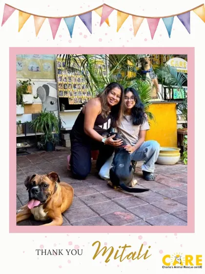 Mitali with our founder, Sudha Narayanan, and some of our furry residents. Her decade-long journey with CARE is an inspiration to us all.