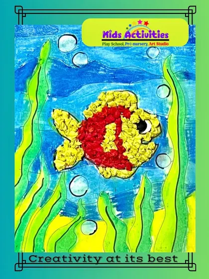 Creativity at its best. This mixed-media fish artwork combines painting with paper tearing and layering to create a wonderful 3D texture. We love teaching kids how to combine different materials to make their art pop.