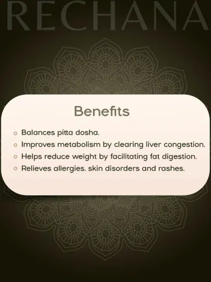 This graphic highlights the benefits of Virechanam. This detoxification therapy balances Pitta, improves metabolism by clearing liver congestion, and helps relieve allergies and skin disorders.