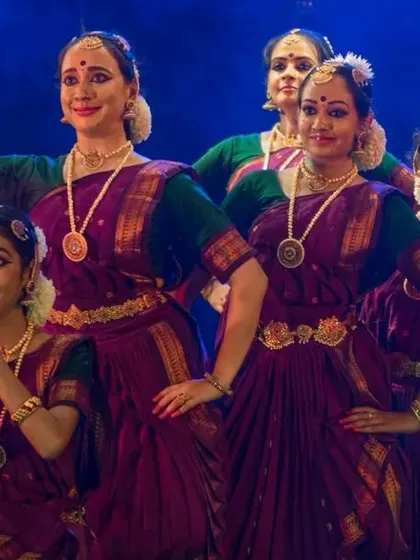My senior students in perfect sync during a performance at Ravindra Kalakshetra. Their dedication to the art form shines through in every precise movement and shared expression.