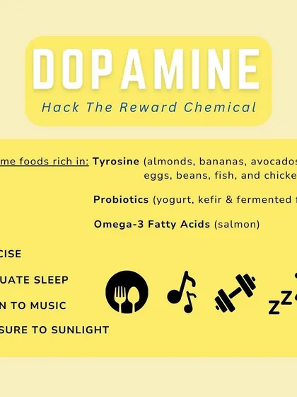 This is a duplicate of the dopamine hack graphic, reinforcing the simple ways to improve your mood and energy levels naturally.