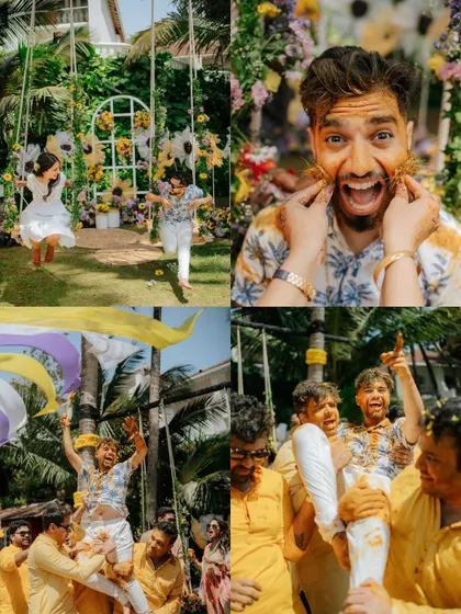 A collage of pure fun from a Haldi in Goa, from the couple on a swing to the groom's expressive face covered in turmeric.