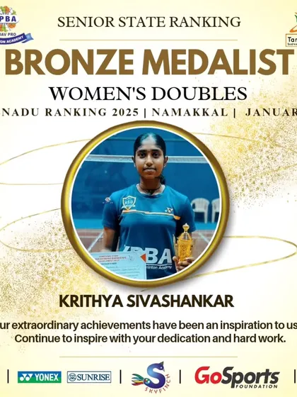 Krithya Sivashankar with another Bronze medal in Women's Doubles from the Tamil Nadu Senior State Ranking in Namakkal.