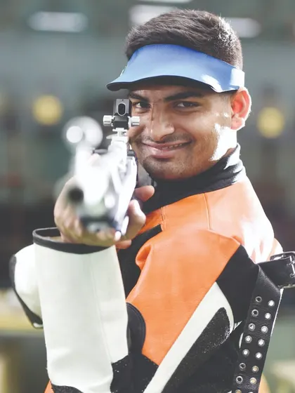 A focused shot of Kiran Jadhav, who became the National Champion at the 67th NSCC in the 50m 3P event.