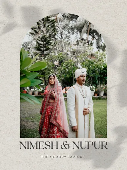 An artistic wedding poster. The couple is framed within an arch-shaped window, with a textured, artistic overlay, creating a unique and memorable image.