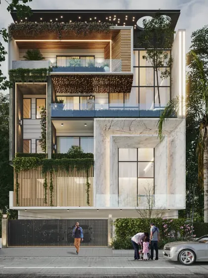 An example of nature-responsive residential architecture where I layered materials like marble, wood, and glass with integrated vertical gardens. The design brings lush greenery to every level of this urban home.