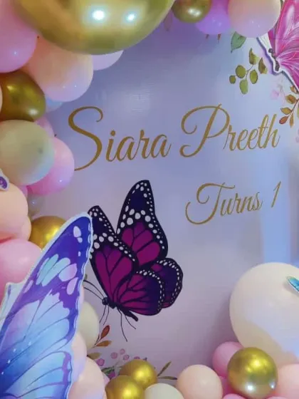 A detailed shot of the backdrop for a butterfly-themed first birthday, showing the custom name and intricate butterfly designs.