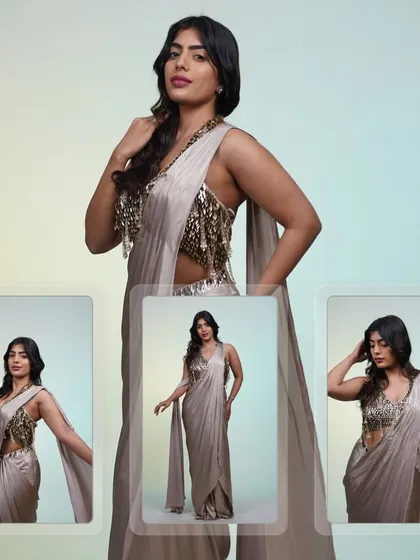 A collage showcasing the metallic saree from different angles. The liquid gold fabric and the heavily embellished blouse make it a true showstopper.