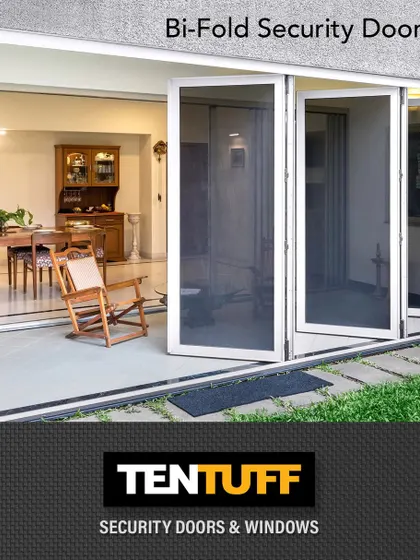 Another view of our Bi-Fold Security Doors, demonstrating their flexibility. Whether fully open to merge spaces or partially folded, they adapt to your needs. Each panel is engineered for strength and smooth operation, making them a practical and secure choice for large openings.