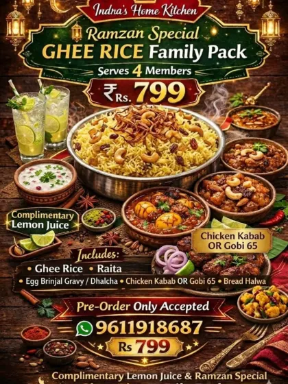 Our published ghee rice combo menu shows raita and a choice of Gobi 65 or chicken kabab in the family-pack offer.