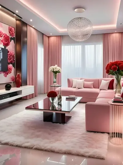 A soft and romantic living room design dominated by shades of pink. The large sectional sofa, plush rug, and floral accent wall create a cohesive and feminine aesthetic, perfect for a chic and comfortable space.