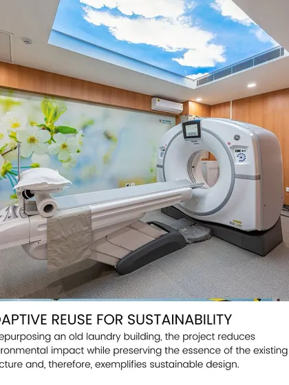 Inside the NRDC's diagnostic room, we installed a sky-lit ceiling and a nature-themed wall mural. These neuro-aesthetic elements are designed to reduce patient anxiety during procedures like CT scans, creating a calming and immersive experience.