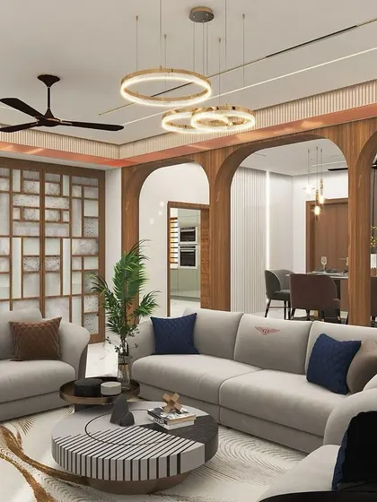 Another angle of the rendered living room, showcasing the stylish circular coffee table and the elegant partition screen that adds a layer of privacy to the dining area.