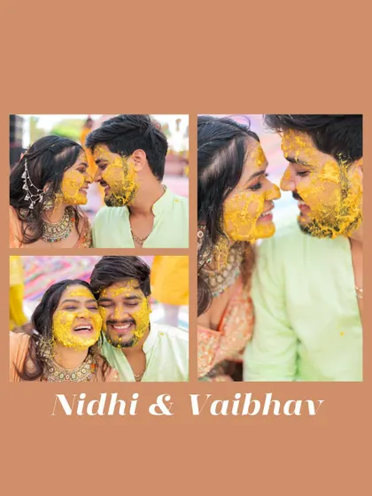 A collage of the couple covered in turmeric paste. Their happy, messy faces tell a story of fun, friendship, and the beautiful beginning of their forever.