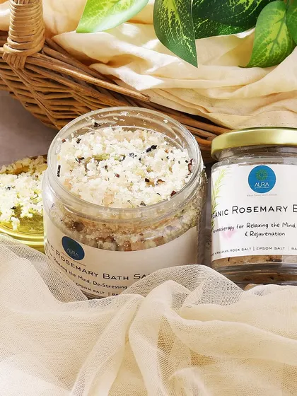 For these organic rosemary bath salts, I used a natural, earthy styling with a wicker basket and green leaves. This creates a fresh, herbal, and rejuvenating visual that aligns with the product's ingredients.