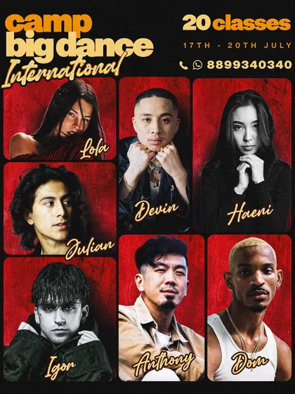 Our official poster for Camp Big Dance International, highlighting the dates and the star-studded faculty.