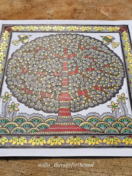 A Madhubani 'Tree of Life' painting, rich with gold and brick-red tones. The intricate line work and symbolic imagery are hallmarks of this ancient art form from the Mithila region of India.