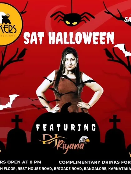 The flyer for a Saturday Halloween bash at Tuskers Pub on Brigade Road, promising a spooky night with complimentary drinks for ladies.