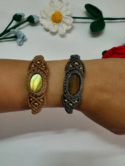 Both bracelets worn together. The natural stones and earthy cotton cords complement each other beautifully.