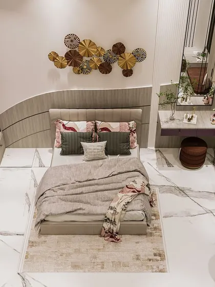 An overhead view of the lavender bedroom, showing the integrated dressing table and the interesting wave-like design of the headboard.