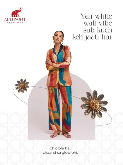 This is for when you want to be minimal on noise but maximal on nazar. I designed this floral silk co-ord set for that effortless, chic look. It’s my take on western wear with a desi twist, and I can custom-fit it for you in just 7 days.
