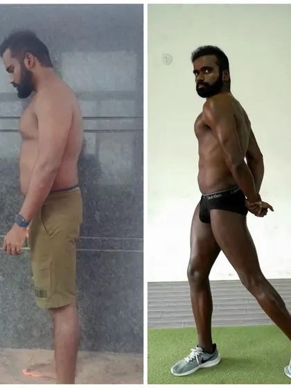 A side profile of Deepak's transformation, highlighting his lean physique and muscle definition.
