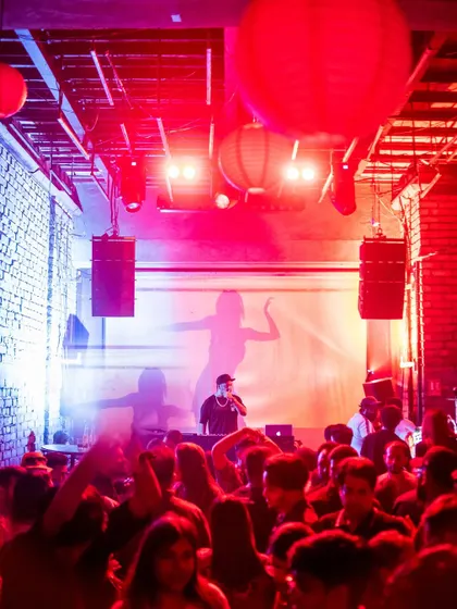 Another shot of the packed dance floor at Roxy, with my silhouette projected on the screen behind me.