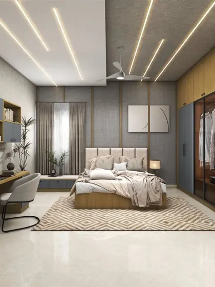 A duplicate of ID 69, this image showcases the well-planned layout of a modern master bedroom with integrated storage and a workspace.