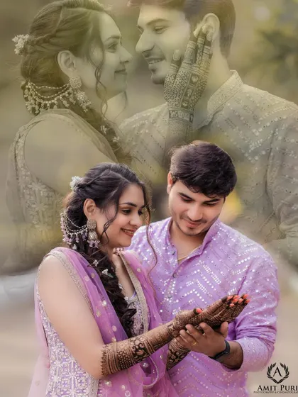 A creative double-exposure portrait from a Mehendi ceremony. The colorful main image is layered with a dreamy, faded version, symbolizing their love story and shared memories.