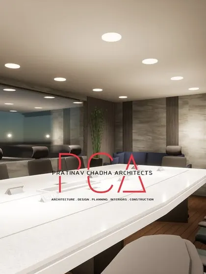 An angled render of the Narela conference room, highlighting the large window and the view it provides.