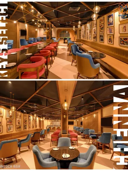 The vibrant 'after' view of the Unlock Bar in Chennai. We introduced a dynamic geometric ceiling, a mix of bold and comfortable seating, and a gallery wall to create an energetic and stylish atmosphere.