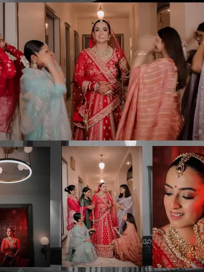 A fun and candid moment of the bride with her bridesmaids. This collage captures the laughter and support of the bride tribe as they help her get ready for the big day.