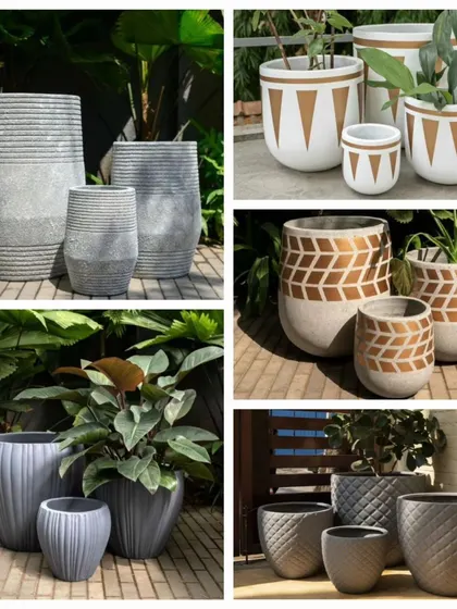 A new collection of planters has arrived at our showroom. This collage shows various designs, including textured grey, geometric-patterned, and quilted-finish pots to help you deck out your sites.