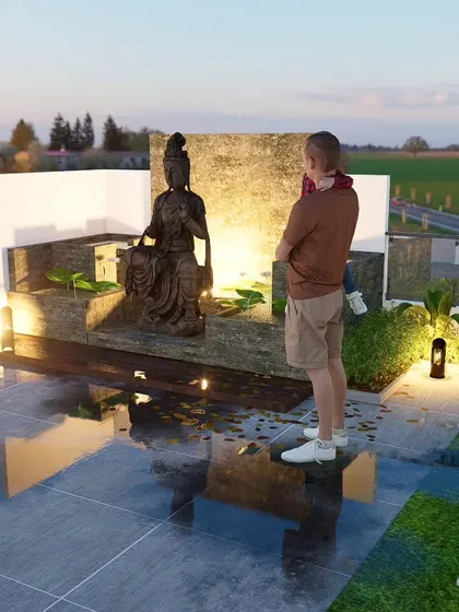 A 3D render showcasing a large statue as a water feature, creating a dramatic and serene focal point.