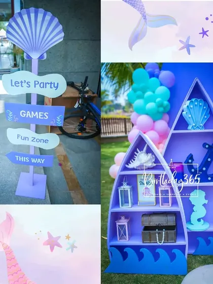 Details from a mermaid party, including a fun signpost directing guests to the "Fun Zone" and a boat-shaped shelf with ocean-themed decor.