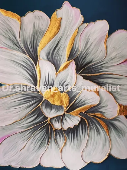 A hybrid of 3D mural art and realistic painting techniques. This large, blooming flower features sculpted petals with gold foil edges, set against a deep blue wall for a dramatic effect.
