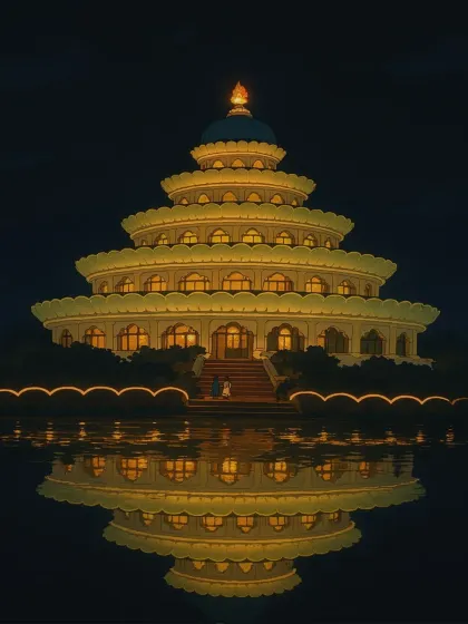 The Vishalakshi Mantap at night, reimagined as a Ghibli-style animation with its reflection shimmering in the water. It's a whimsical take on a place of deep peace.