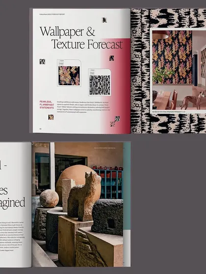 This layout from the 2025 report focuses on the Wallpaper & Texture Forecast. The design frames product applications alongside cultural narratives, demonstrating how we integrate commercial offerings into a broader story.