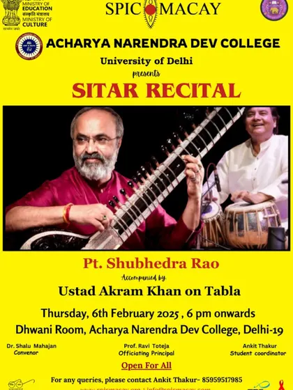 A poster for a sitar recital at Acharya Narendra Dev College, part of the University of Delhi. These college concerts are a great way to introduce the depth of classical music to young adults.
