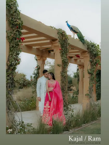 A beautifully designed graphic featuring Kajal and Ram's romantic portrait from Suryagarh, Jaisalmer. This is a lovely way to present a hero image from a couple's shoot.