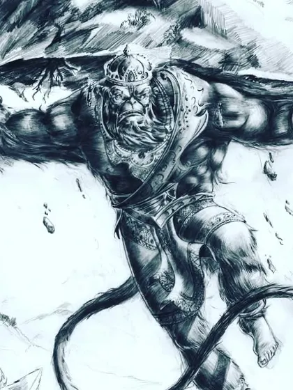 A powerful pencil sketch of Lord Hanuman lifting the Sanjeevani mountain. The drawing emphasizes his immense strength and devotion, with detailed muscle texture and shading.