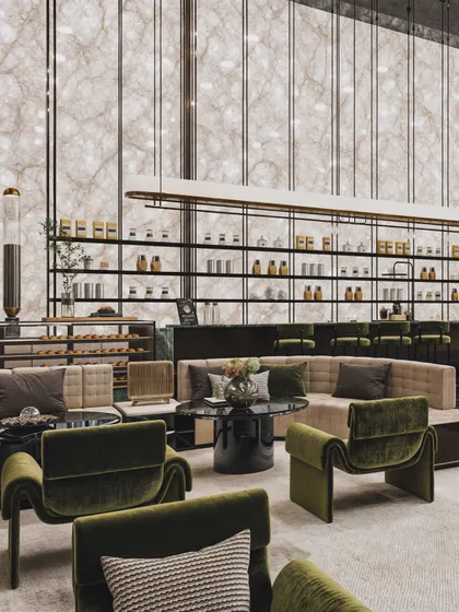 A hotel lounge area with a sophisticated palette of olive green and beige. The render highlights the backlit alabaster-like wall, creating a stunning feature.