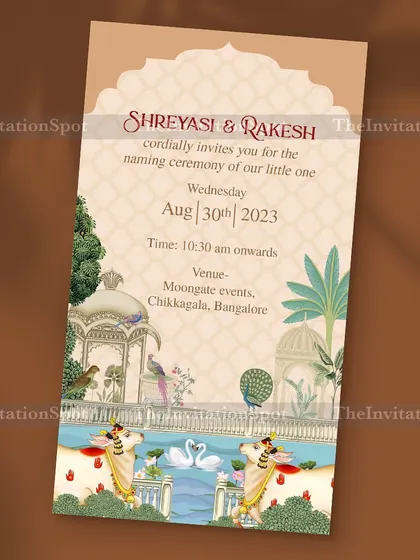 A Pichwai theme naming ceremony invite that is rich in tradition and artistry. The design features beautiful cows, swans, and architectural elements inspired by classic Pichwai paintings.