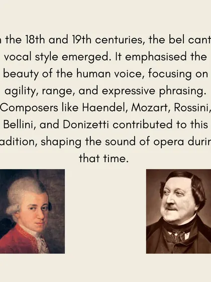 The emergence of the 'bel canto' vocal style in the 18th and 19th centuries emphasized the beauty, agility, and expressive phrasing of the human voice.