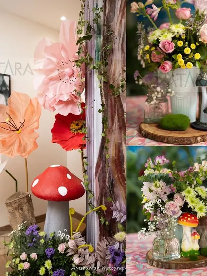 A collage of detailed shots from a woodland-themed event. It features oversized paper flowers, whimsical mushroom props, and charming floral centerpieces, highlighting the handcrafted feel of the decor.